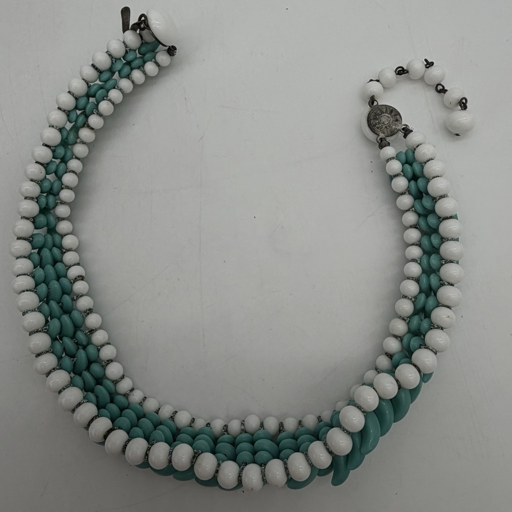 Vtg Haskell Era Turquoise Milk Glass Choker Necklace Hand Made Blue White Spiked - Picture 5 of 13